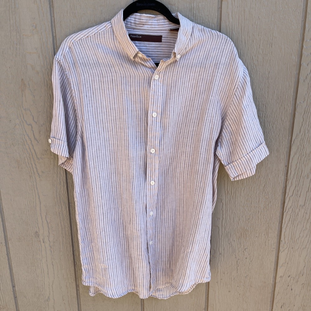 Perry Ellis Men's Medium 100% Linen Striped Button Down Shirt Short Sleeve